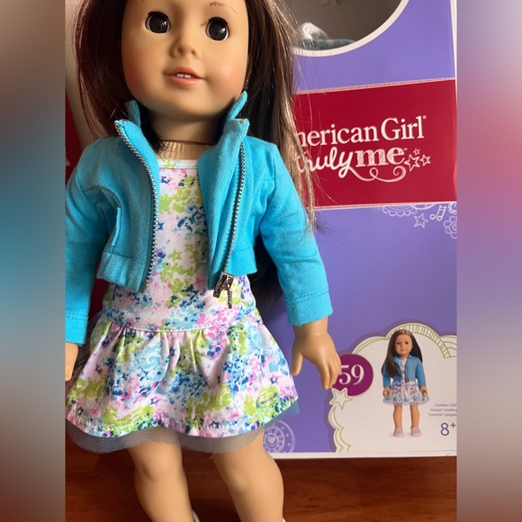 American Girl Doll Blue Jacket Floral Dress Earrings Truly in Box - Picture 10 of 12